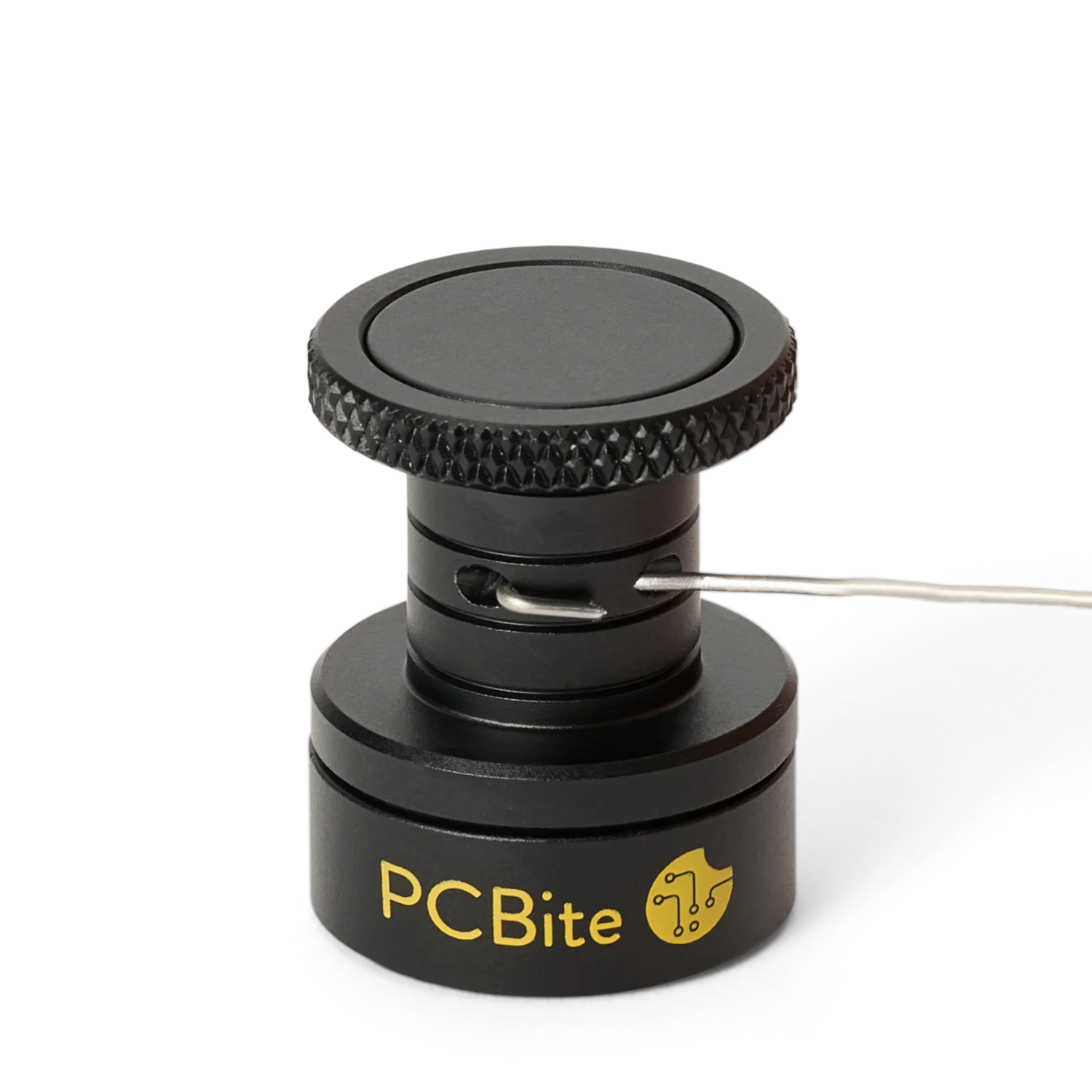 Closeup solder threaded and locked through the lock hole of magnetic solder wire holder (PCBITE-7030)