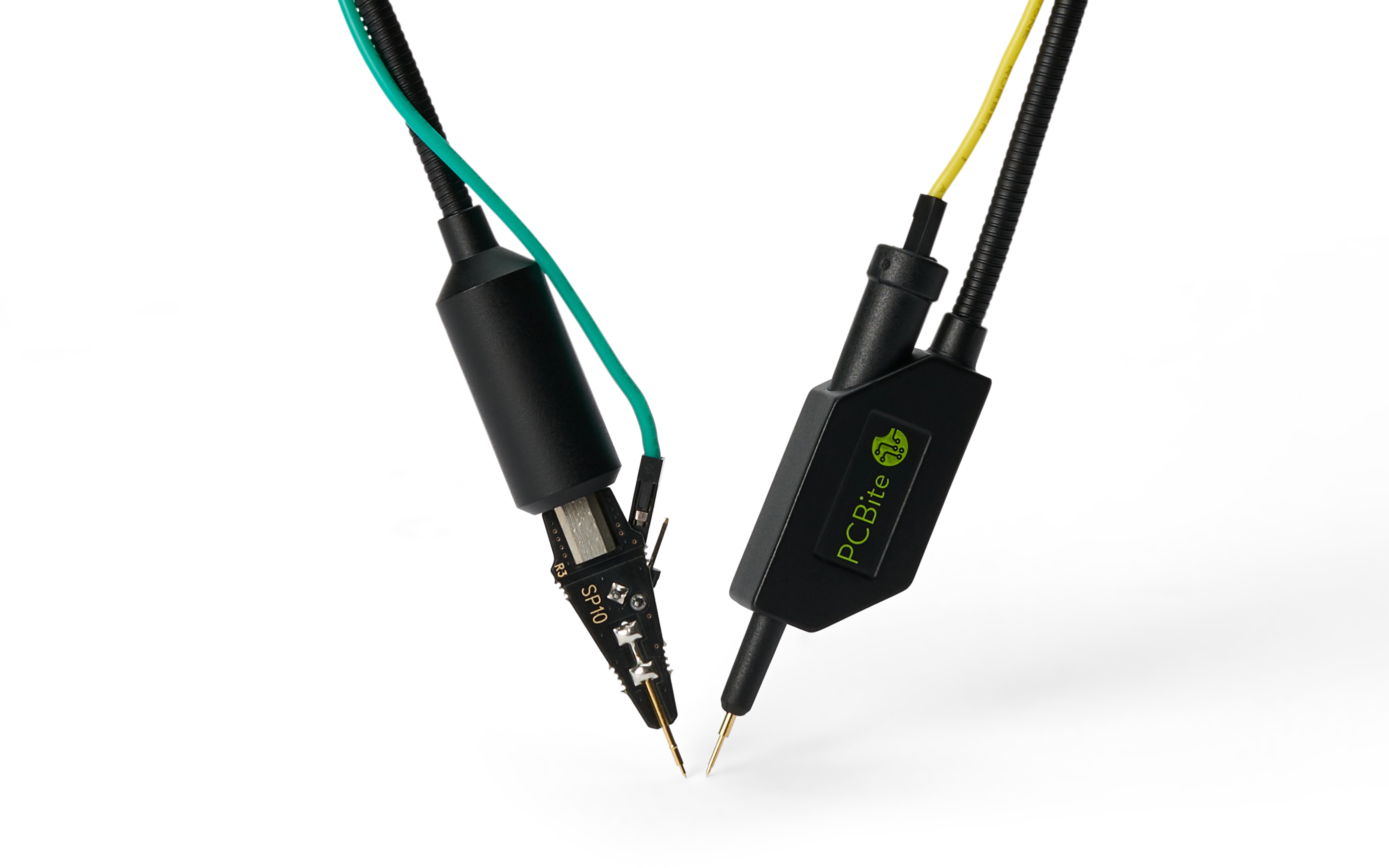SP10 probe with its bare PCB head next to an SQ10 probe with its insulated body, both with spring-loaded needles.