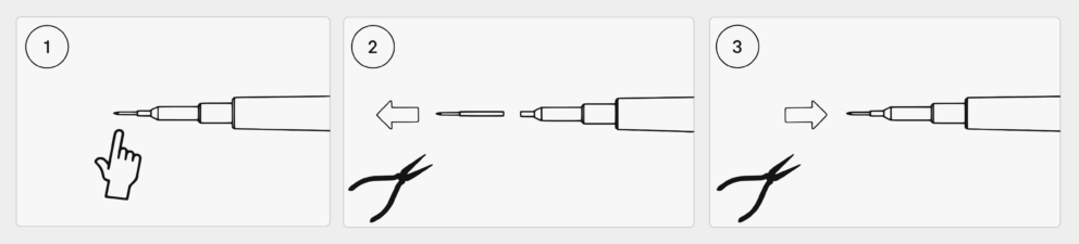 Three steps to replace a probe needle: find the needle at the tip, pull it out with pliers, then push a new one in.