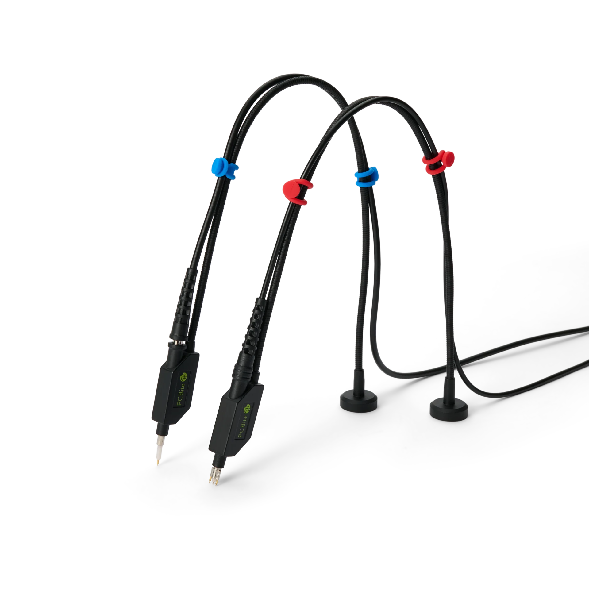 Two PCBite oscilloscope probes on flexible arms with magnetic bases: an SQ with a plain needle tip and an SQG with dual spring-loaded ground needles.