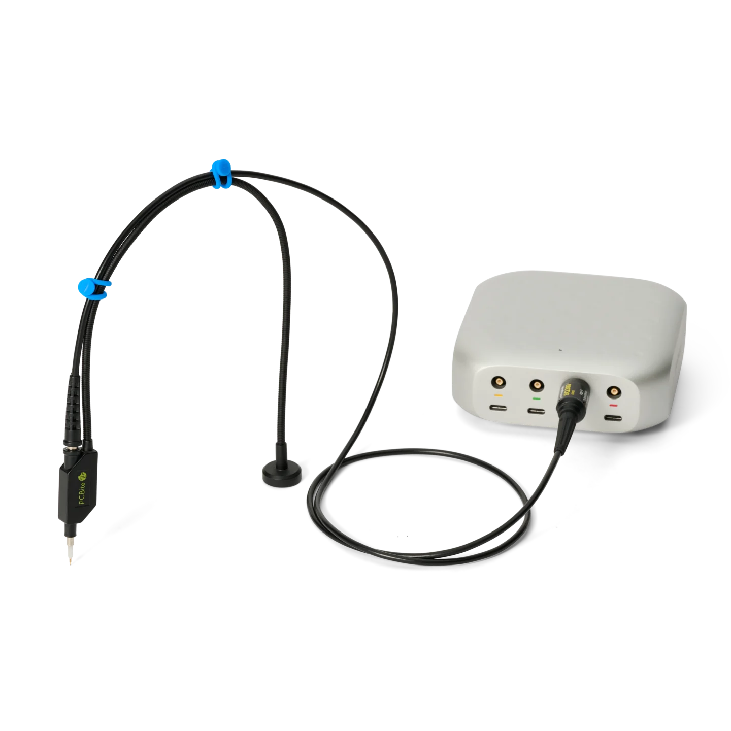 SQ200-SMB handsfree oscilloscope probe with its magnetic probe holder and accessories.