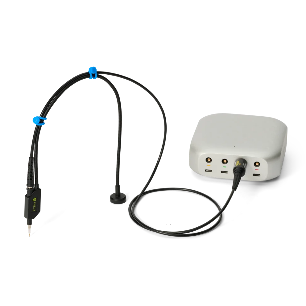 SQ200-SMB handsfree oscilloscope probe with its magnetic probe holder and accessories.