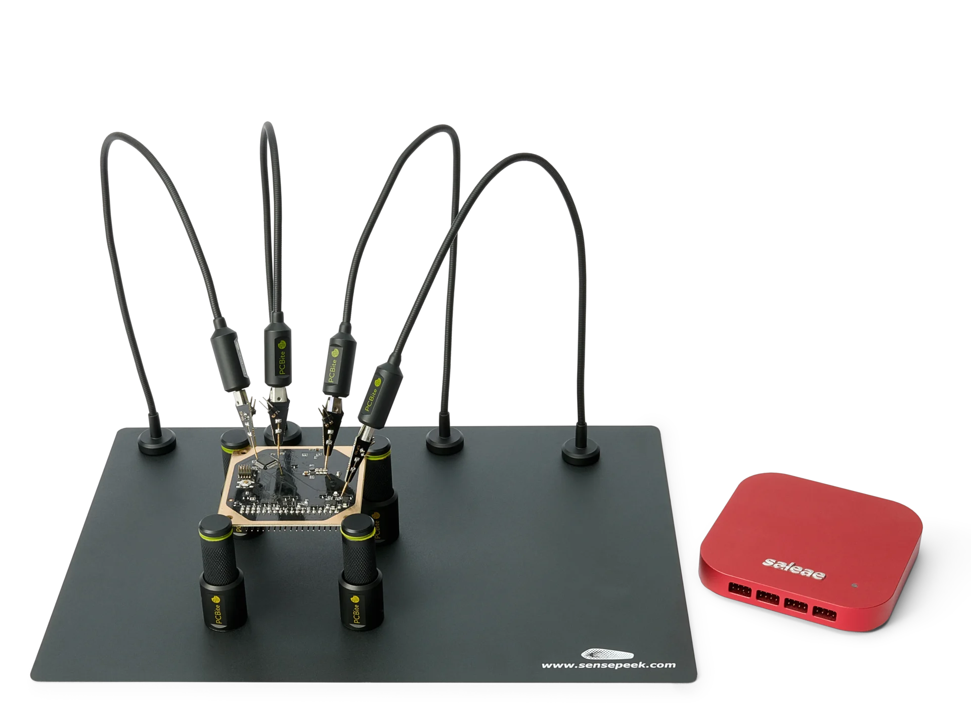 Complete handsfree test setup with SP10 probes and Saleae Logic analyzer ready for debugging