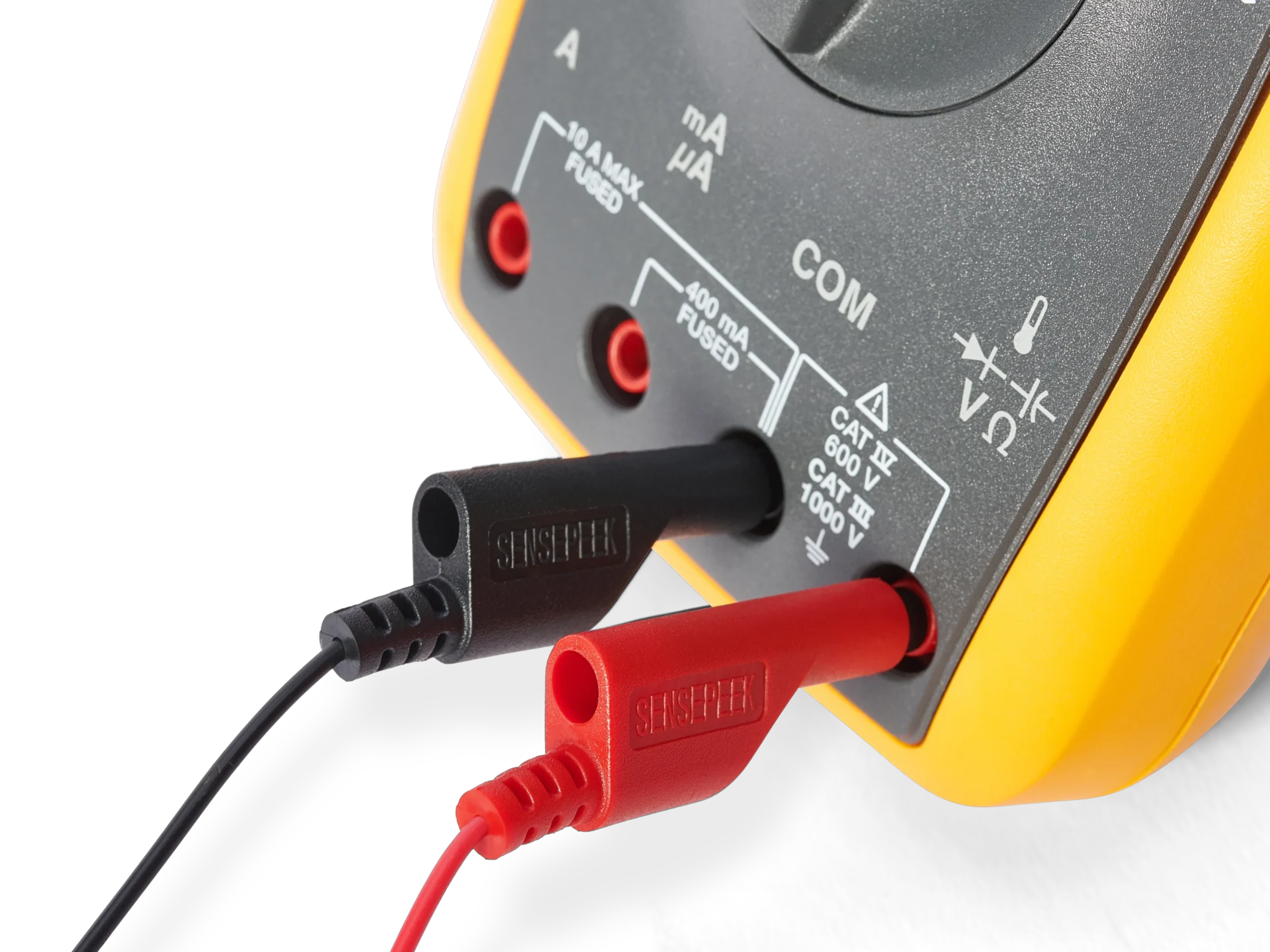 SP10, Red and black banana plug test leads connected to multimeter probing terminals (PCBITE-4011)