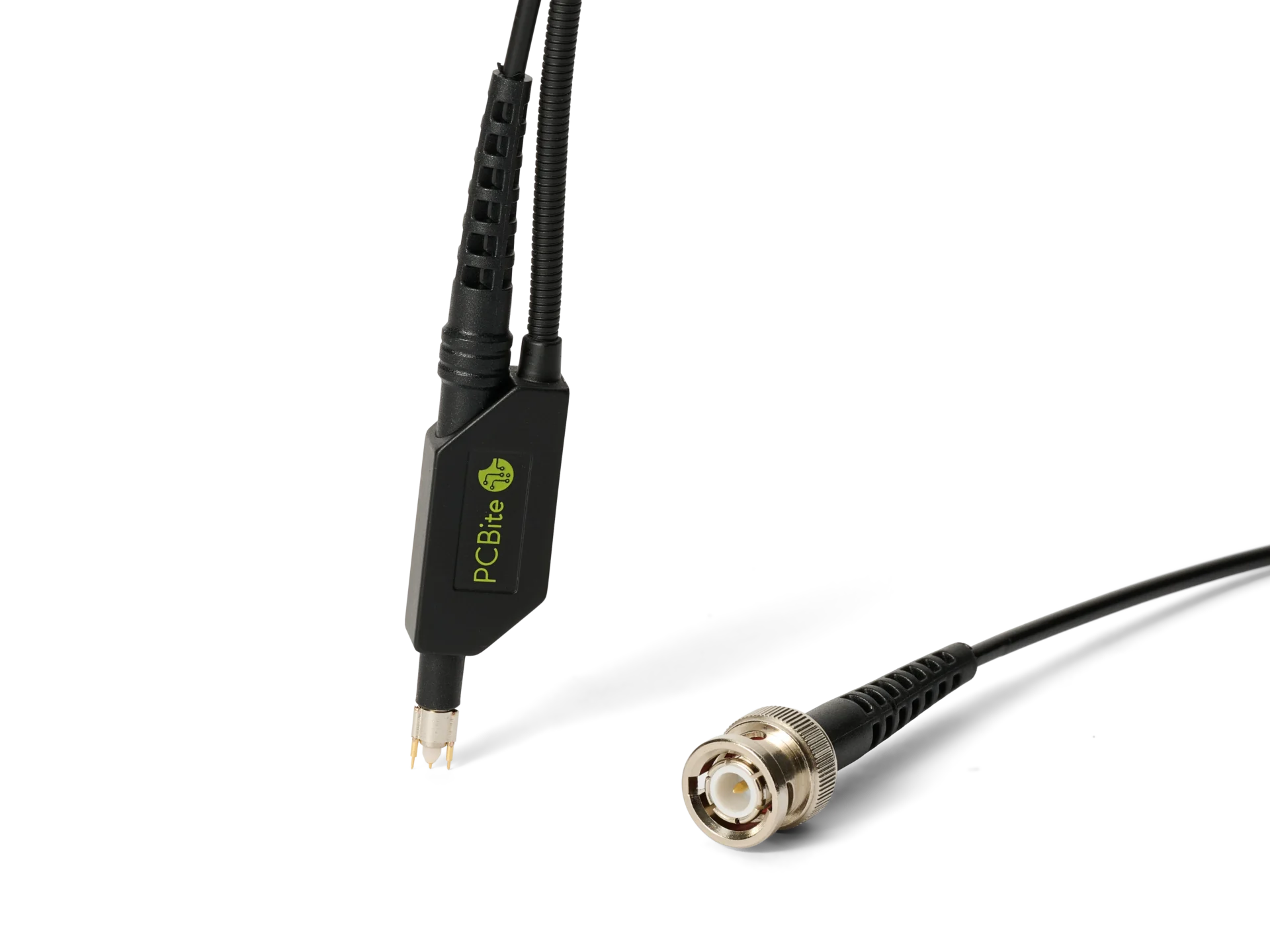 SQG15 1.5 GHz probe on its flexible arm, with spring-loaded dual ground needles at the tip and a BNC connector for the scope.
