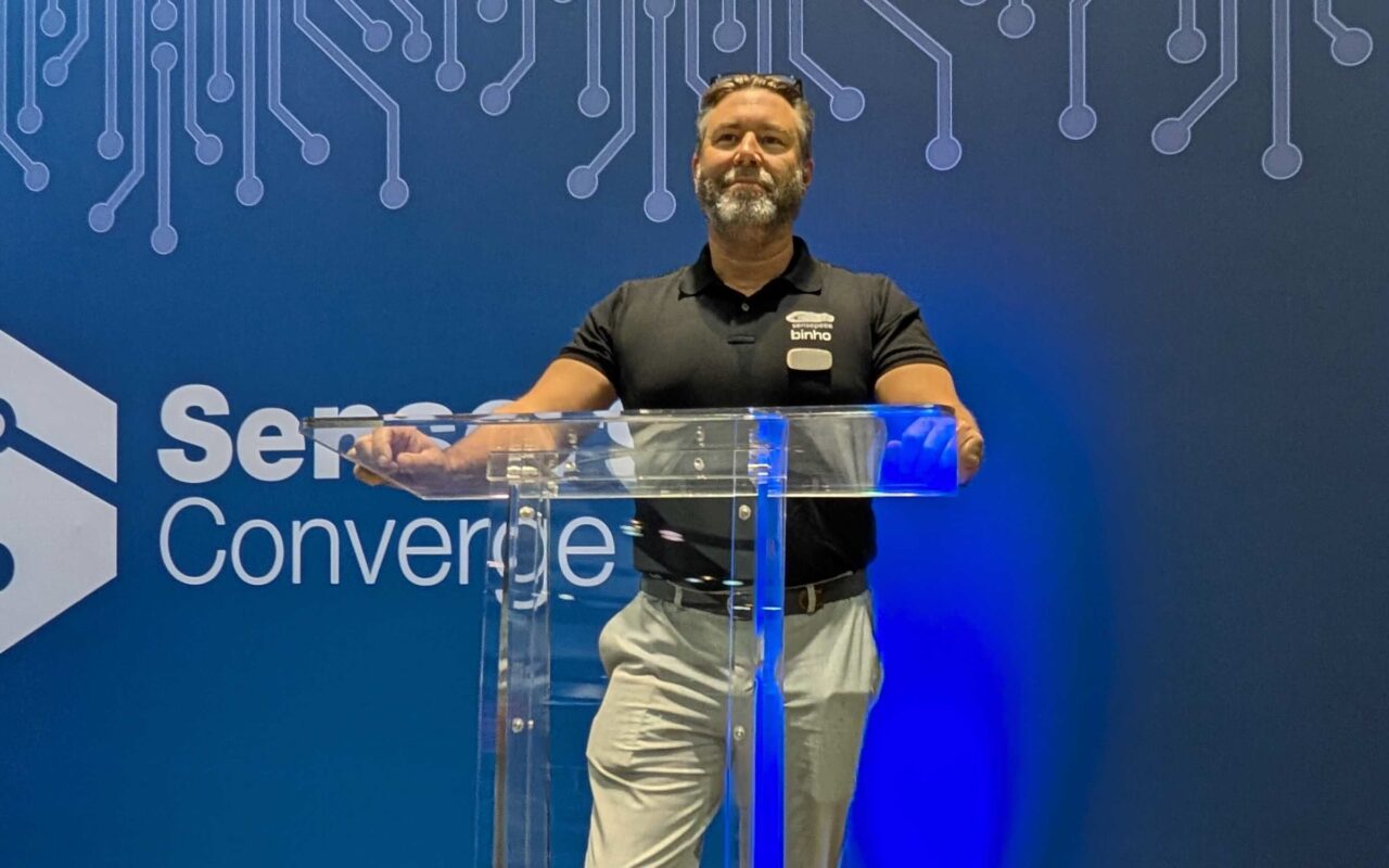 A Sensepeek team member at the Sensors Converge 2026 stage in Santa Clara.