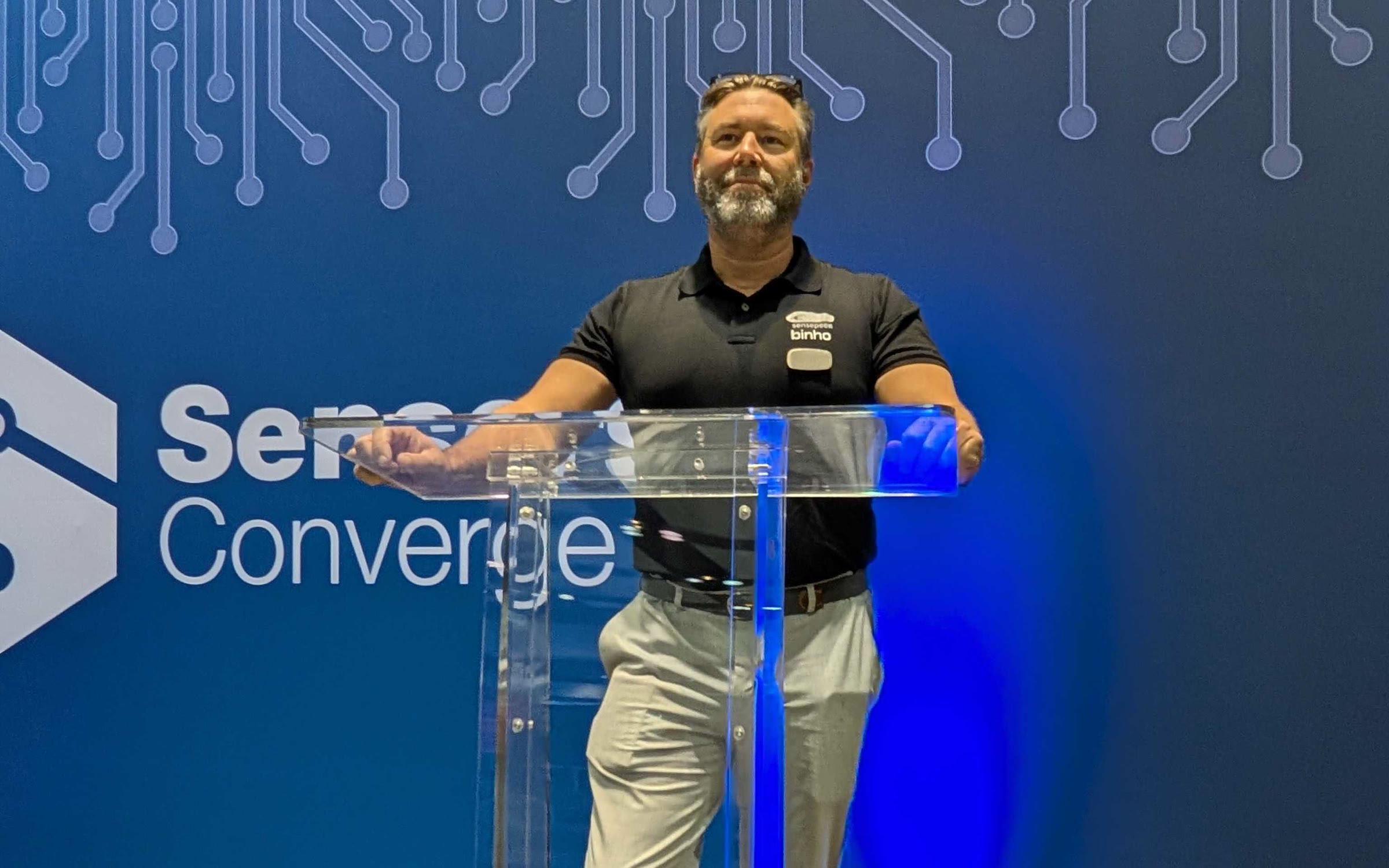 A Sensepeek team member at the Sensors Converge 2026 stage in Santa Clara.