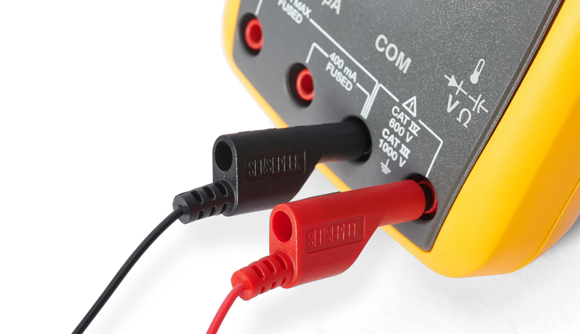 SQ10, Red and black banana plug test leads connected to multimeter probing terminals