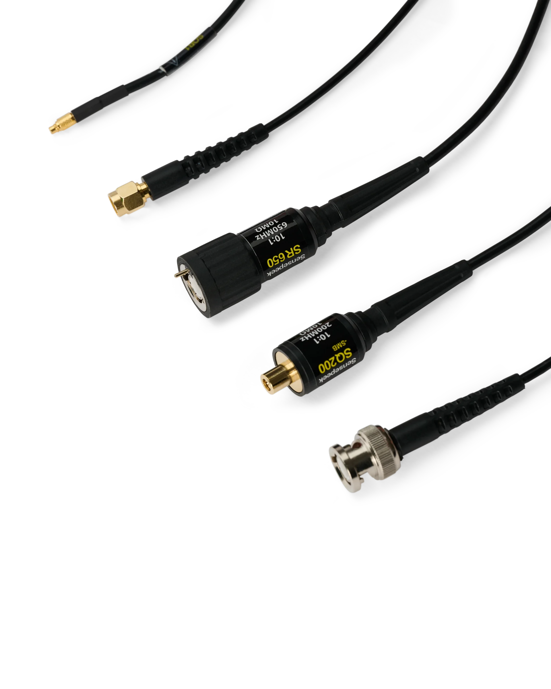 Probe cables ending in five different instrument connectors, from MMCX and SMA to SMB and BNC, each made for its instrument.