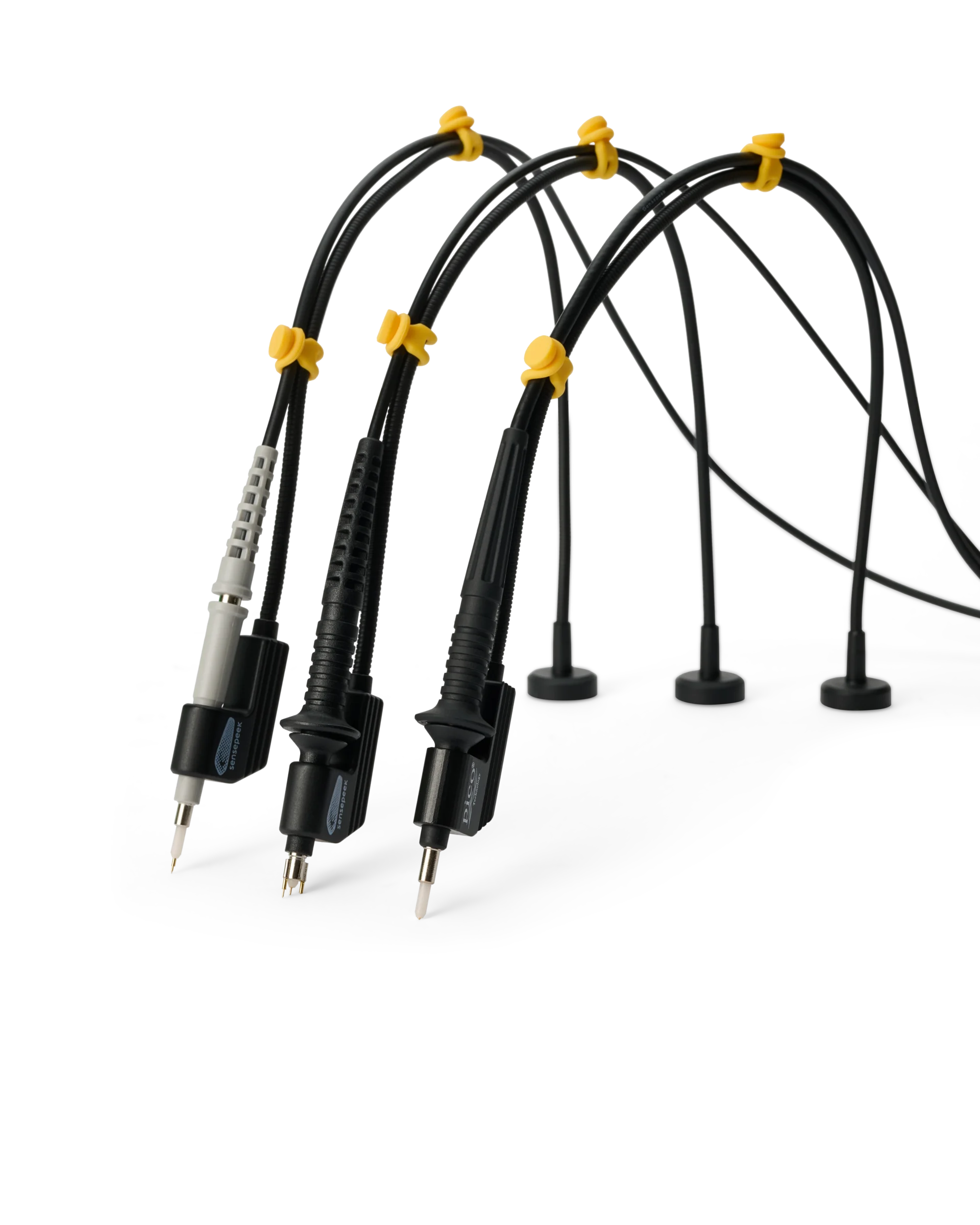 Three passive probes mounted in magnetic handsfree holders on flexible arms, each holder carrying its own brand label.
